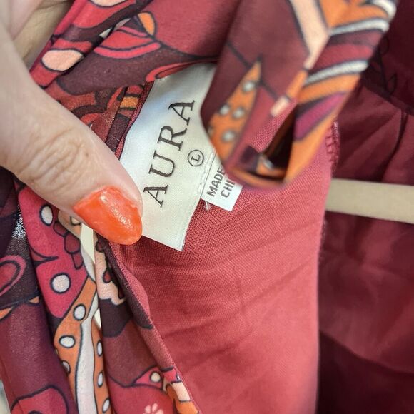 AURA Red Paisley Blouse Tie Neck Flowy Balloon Sleeves Top Large Women’s NWT - Picture 6 of 9